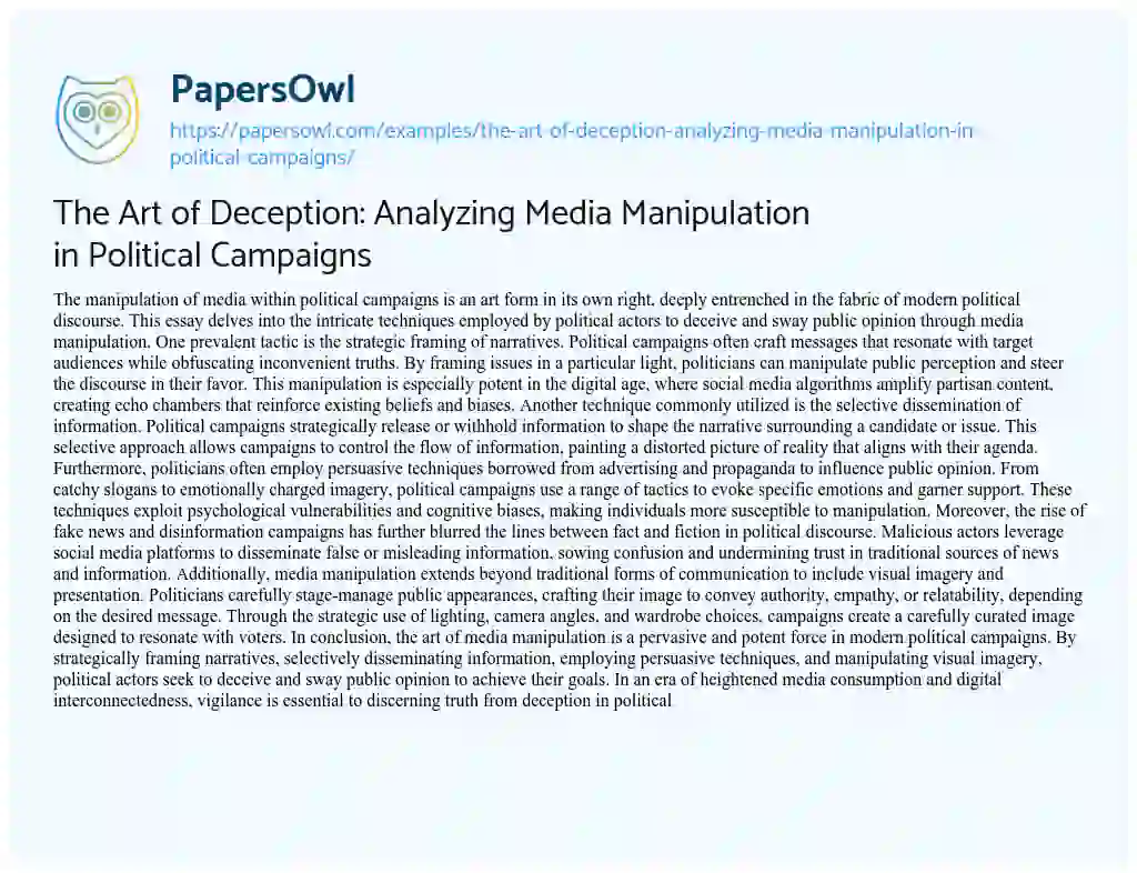 Essay on The Art of Deception: Analyzing Media Manipulation in Political Campaigns
