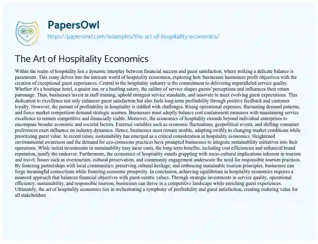 Essay on The Art of Hospitality Economics