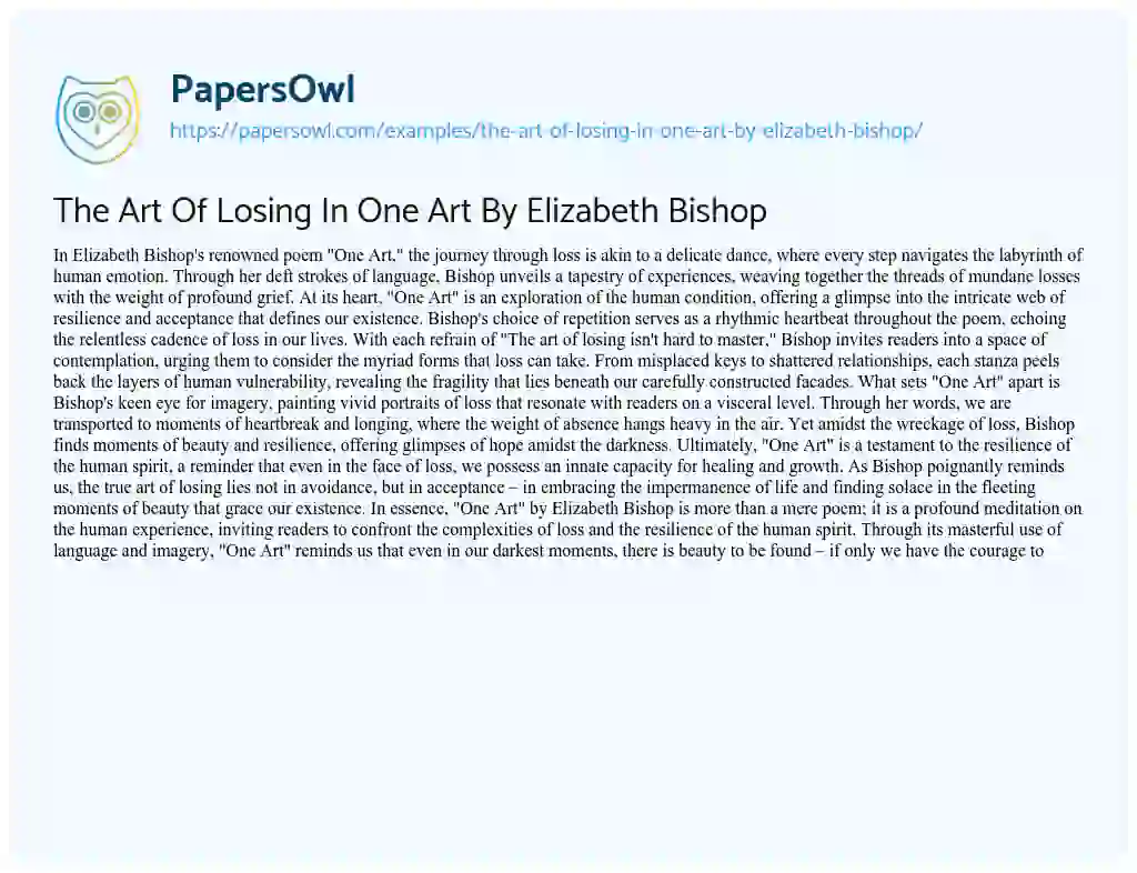 Essay on The Art of Losing in One Art by Elizabeth Bishop