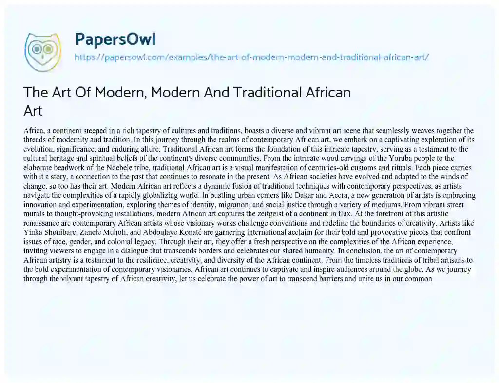 Essay on The Art of Modern, Modern and Traditional African Art