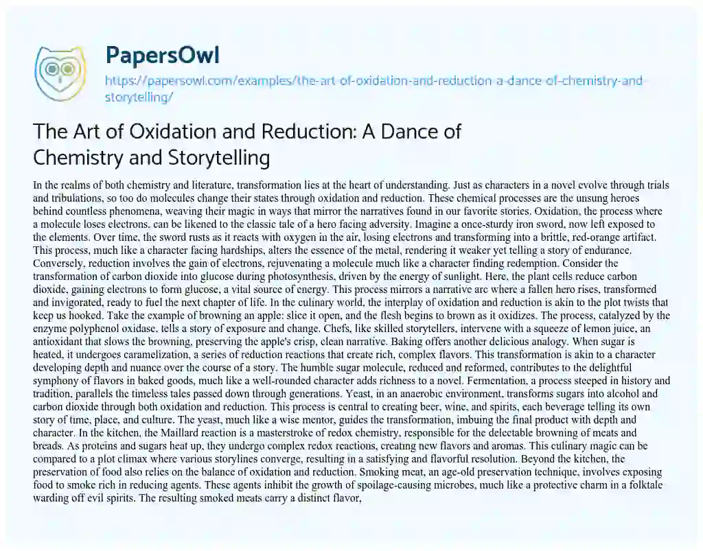 Essay on The Art of Oxidation and Reduction: a Dance of Chemistry and Storytelling