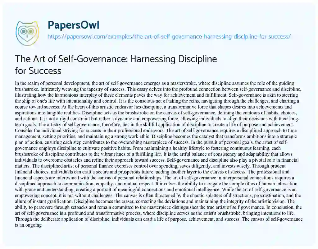 Essay on The Art of Self-Governance: Harnessing Discipline for Success