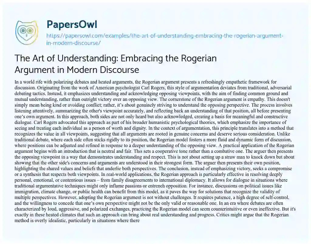 Essay on The Art of Understanding: Embracing the Rogerian Argument in Modern Discourse