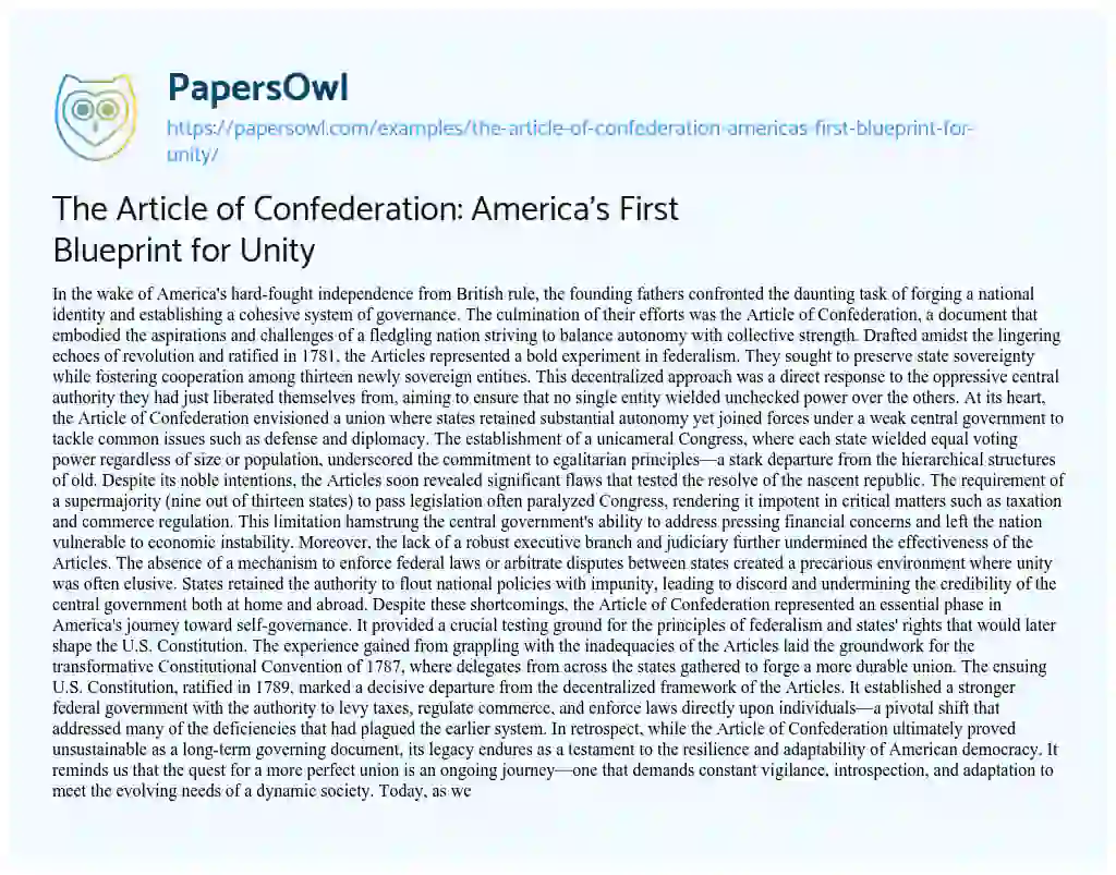 Essay on The Article of Confederation: America’s First Blueprint for Unity