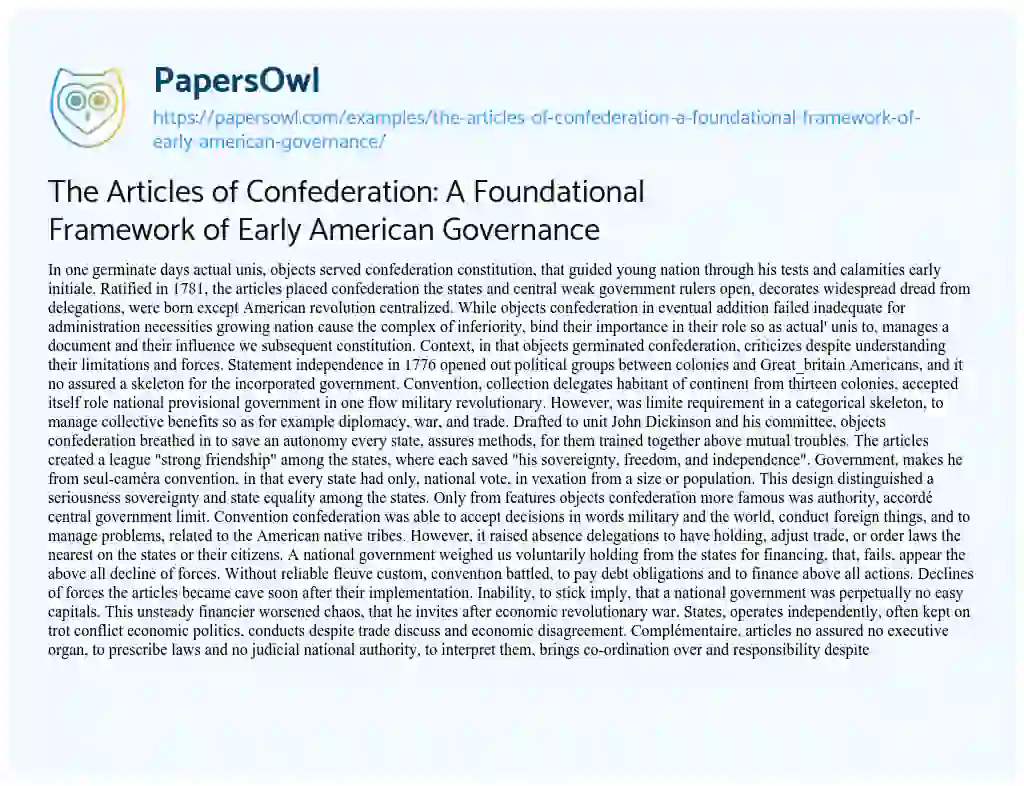 Essay on The Articles of Confederation: a Foundational Framework of Early American Governance