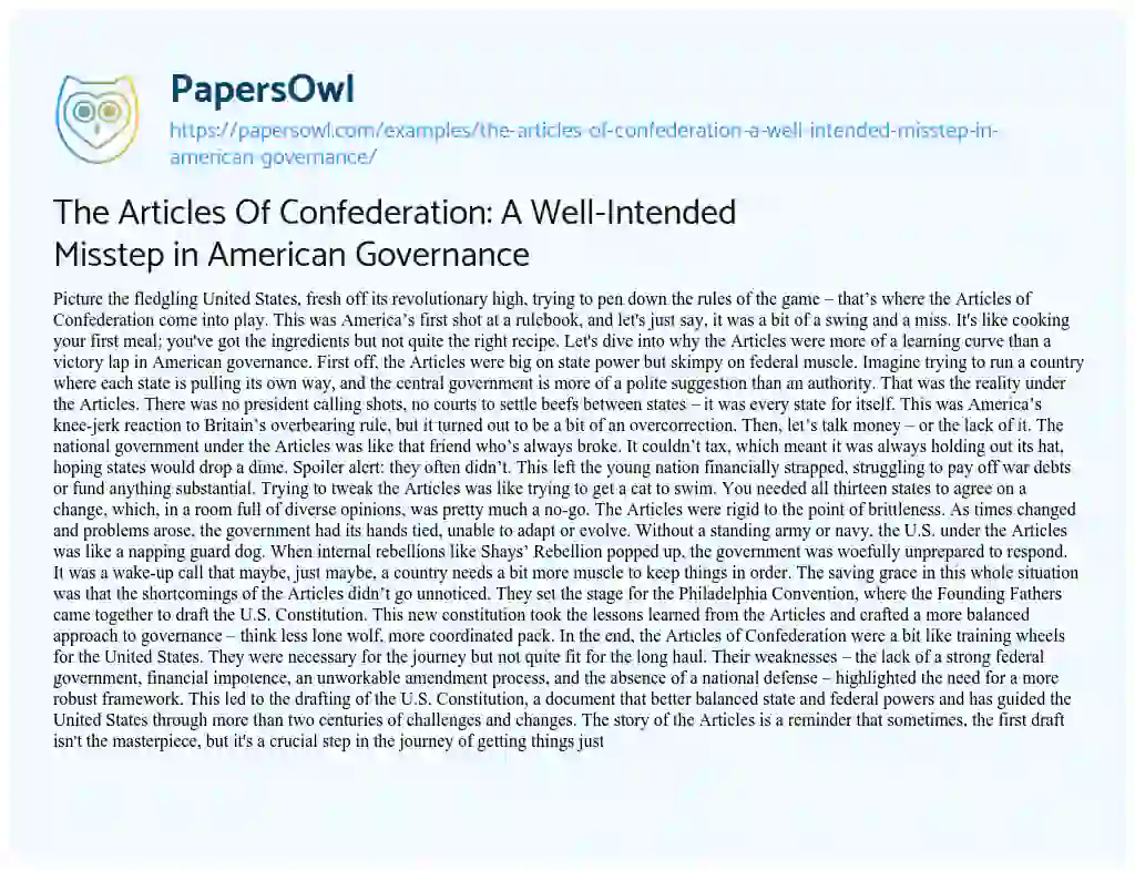 Essay on The Articles of Confederation: a Well-Intended Misstep in American Governance