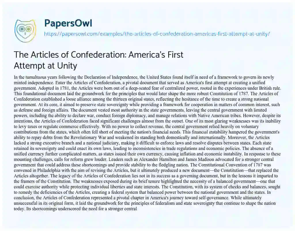 Essay on The Articles of Confederation: America’s First Attempt at Unity