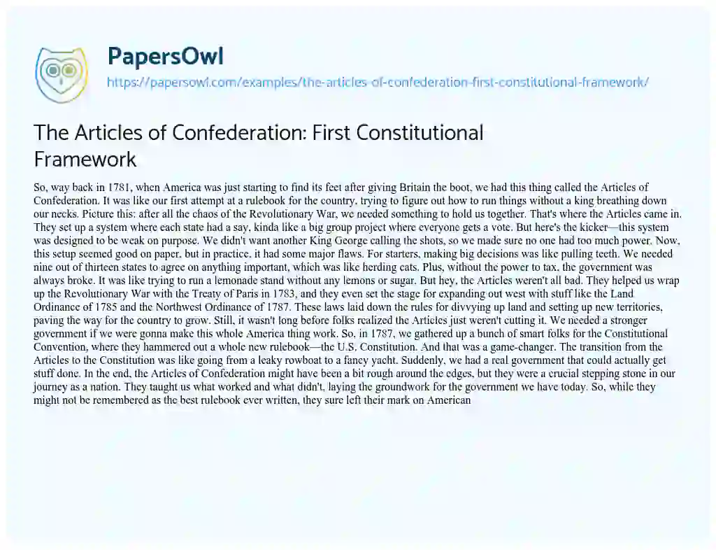 Essay on The Articles of Confederation: First Constitutional Framework