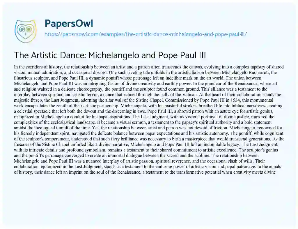 Essay on The Artistic Dance: Michelangelo and Pope Paul III
