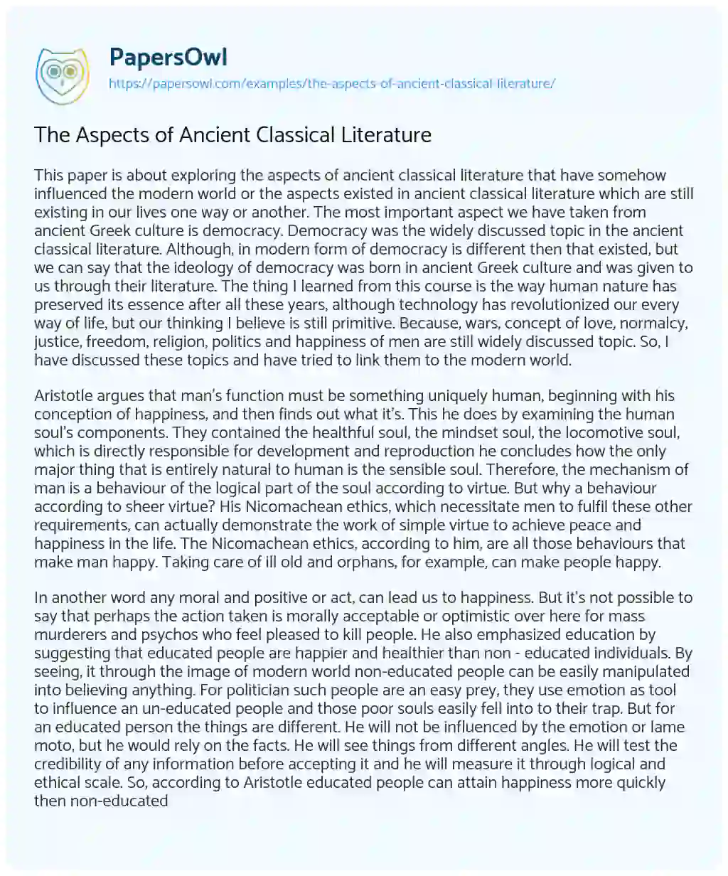 The Aspects of Ancient Classical Literature essay