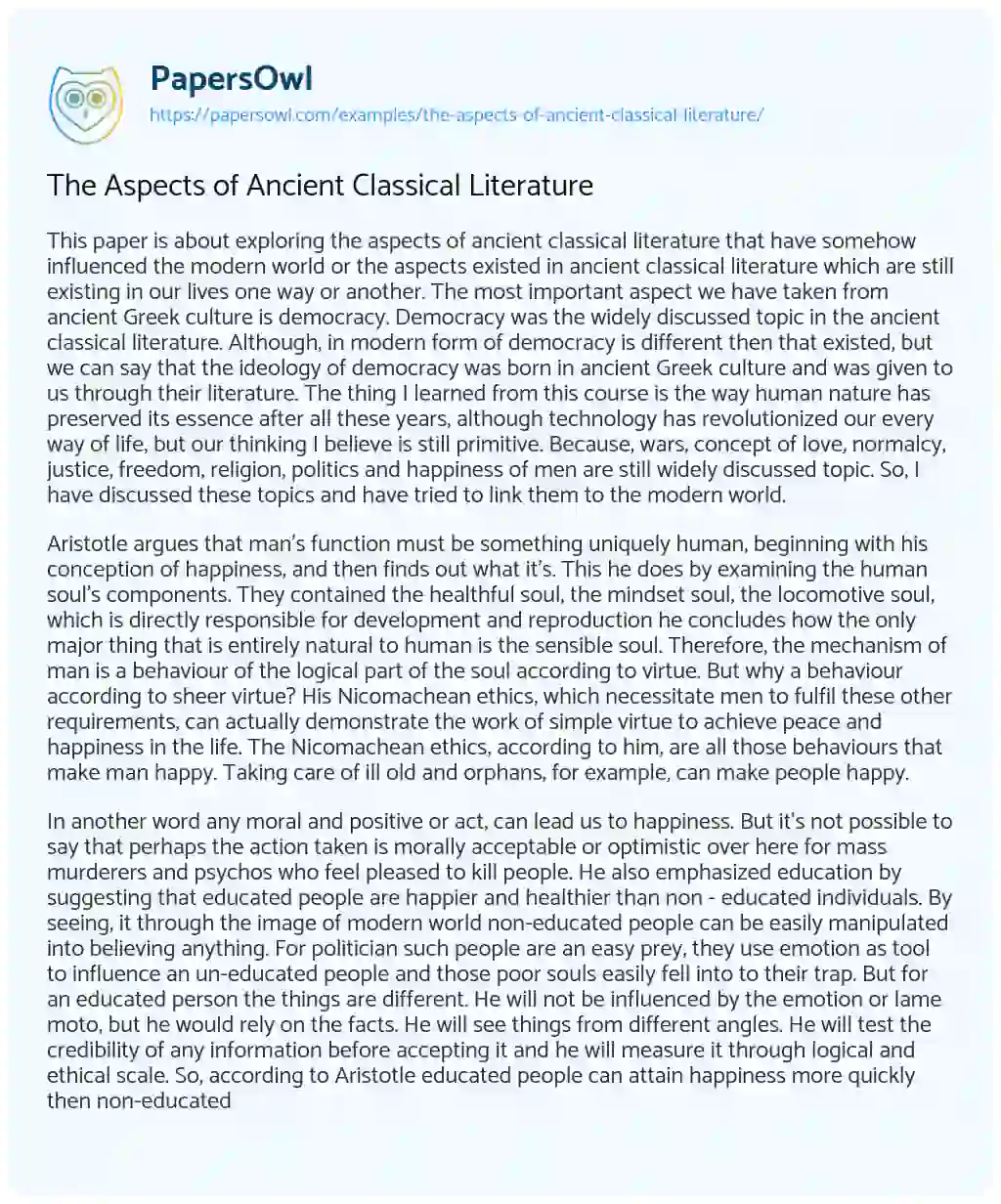 Essay on The Aspects of Ancient Classical Literature