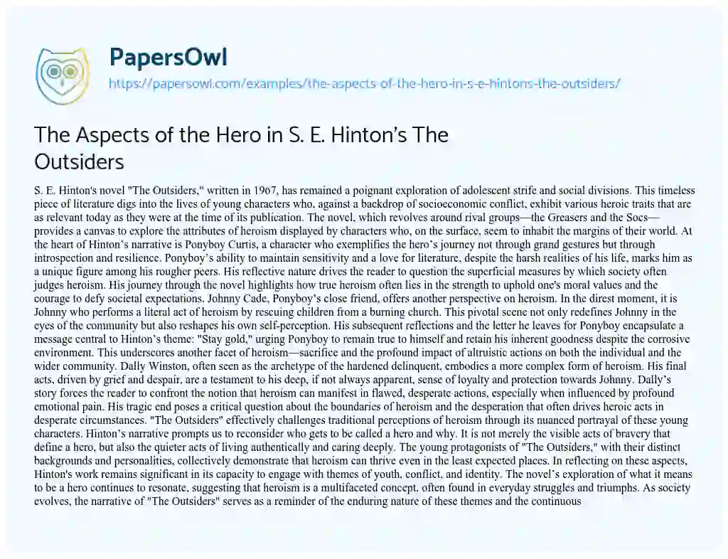 Essay on The Aspects of the Hero in S. E. Hinton’s the Outsiders