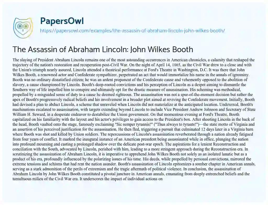 Essay on The Assassin of Abraham Lincoln: John Wilkes Booth
