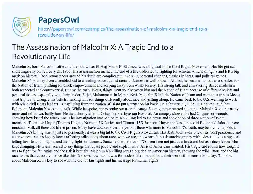 Essay on The Assassination of Malcolm X: a Tragic End to a Revolutionary Life