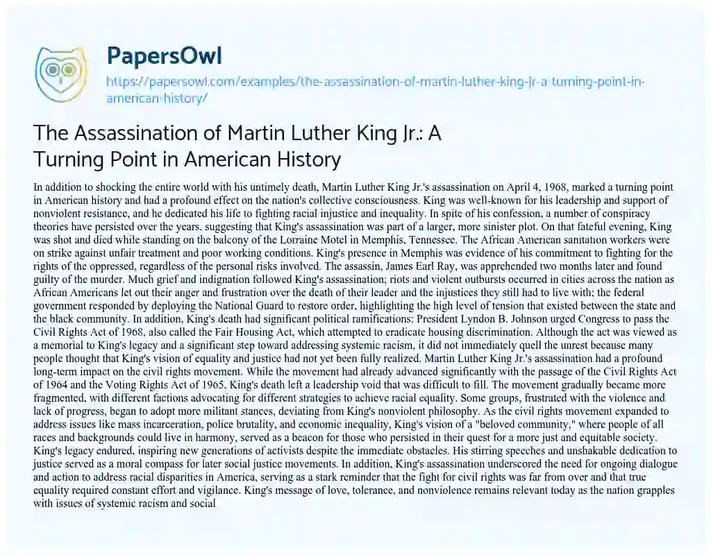 Essay on The Assassination of Martin Luther King Jr.: a Turning Point in American History