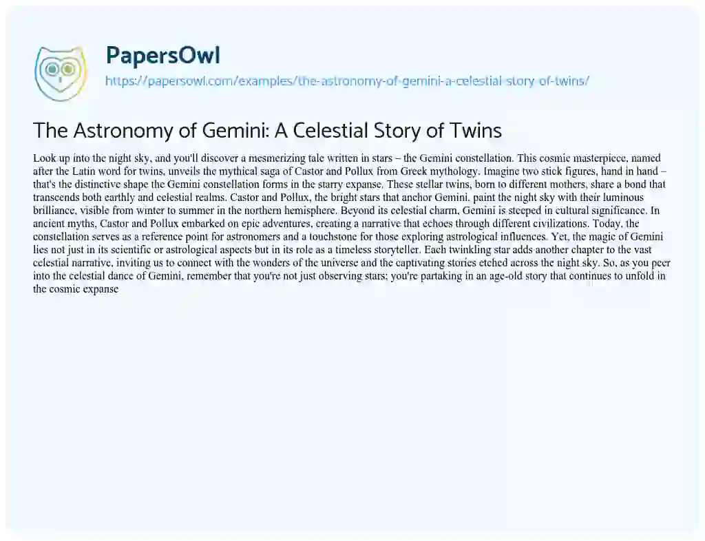 Essay on The Astronomy of Gemini: a Celestial Story of Twins