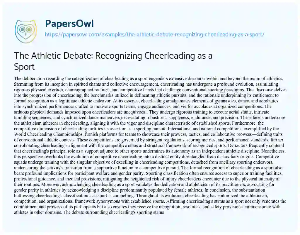 Essay on The Athletic Debate: Recognizing Cheerleading as a Sport
