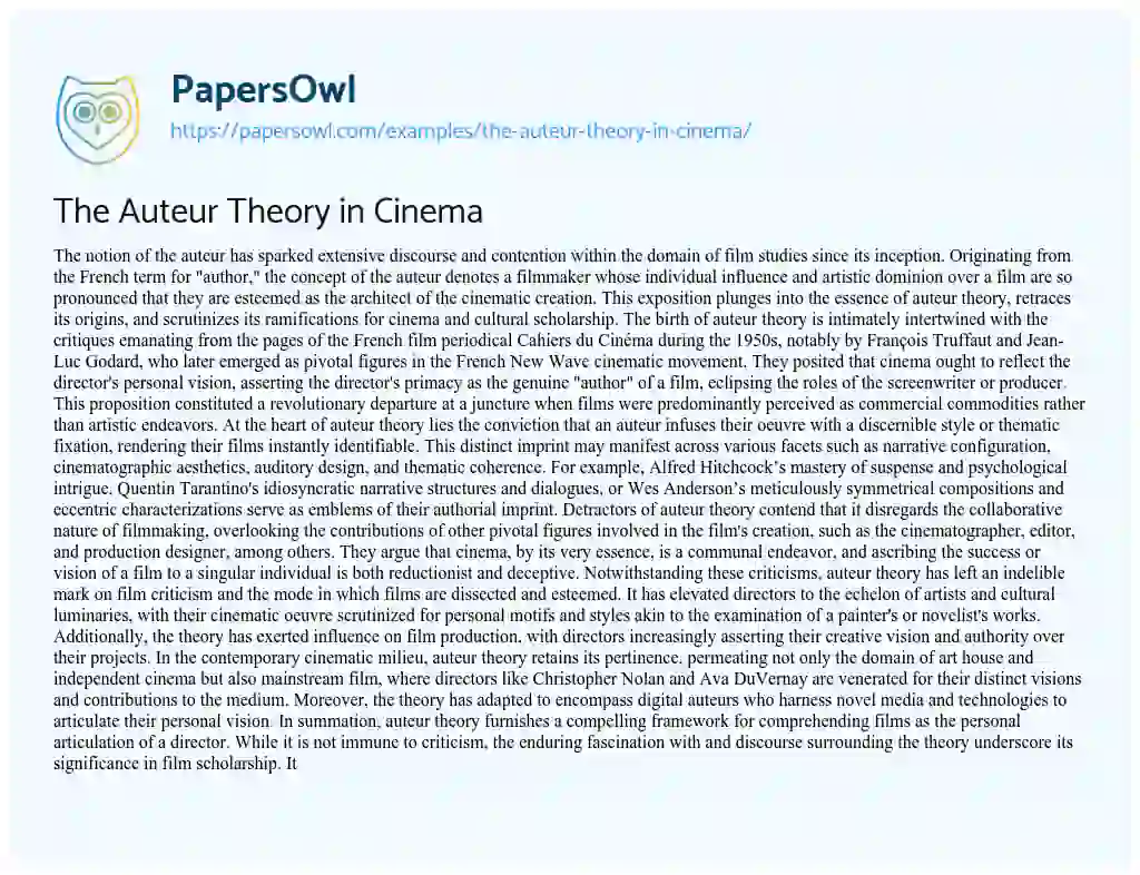 Essay on The Auteur Theory in Cinema