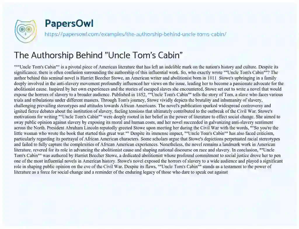 Essay on The Authorship Behind “Uncle Tom’s Cabin”