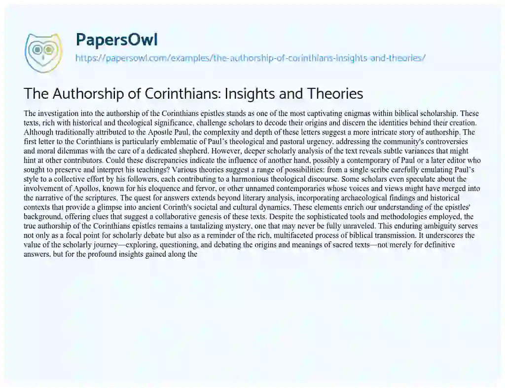 Essay on The Authorship of Corinthians: Insights and Theories