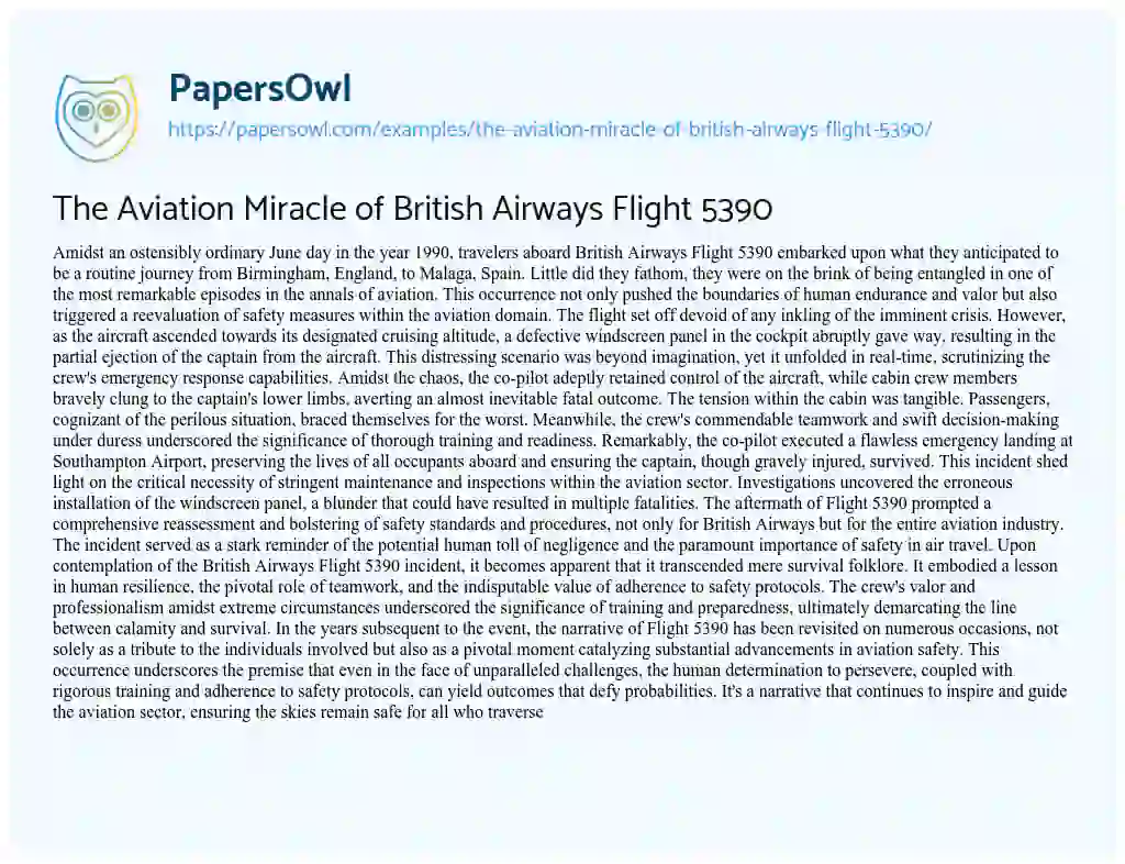 Essay on The Aviation Miracle of British Airways Flight 5390