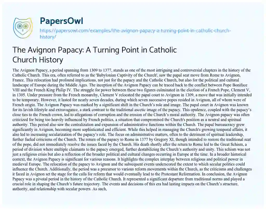 Essay on The Avignon Papacy: a Turning Point in Catholic Church History