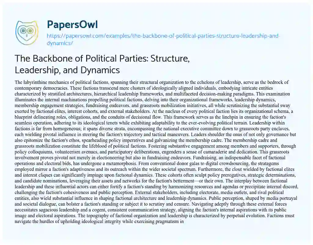 Essay on The Backbone of Political Parties: Structure, Leadership, and Dynamics
