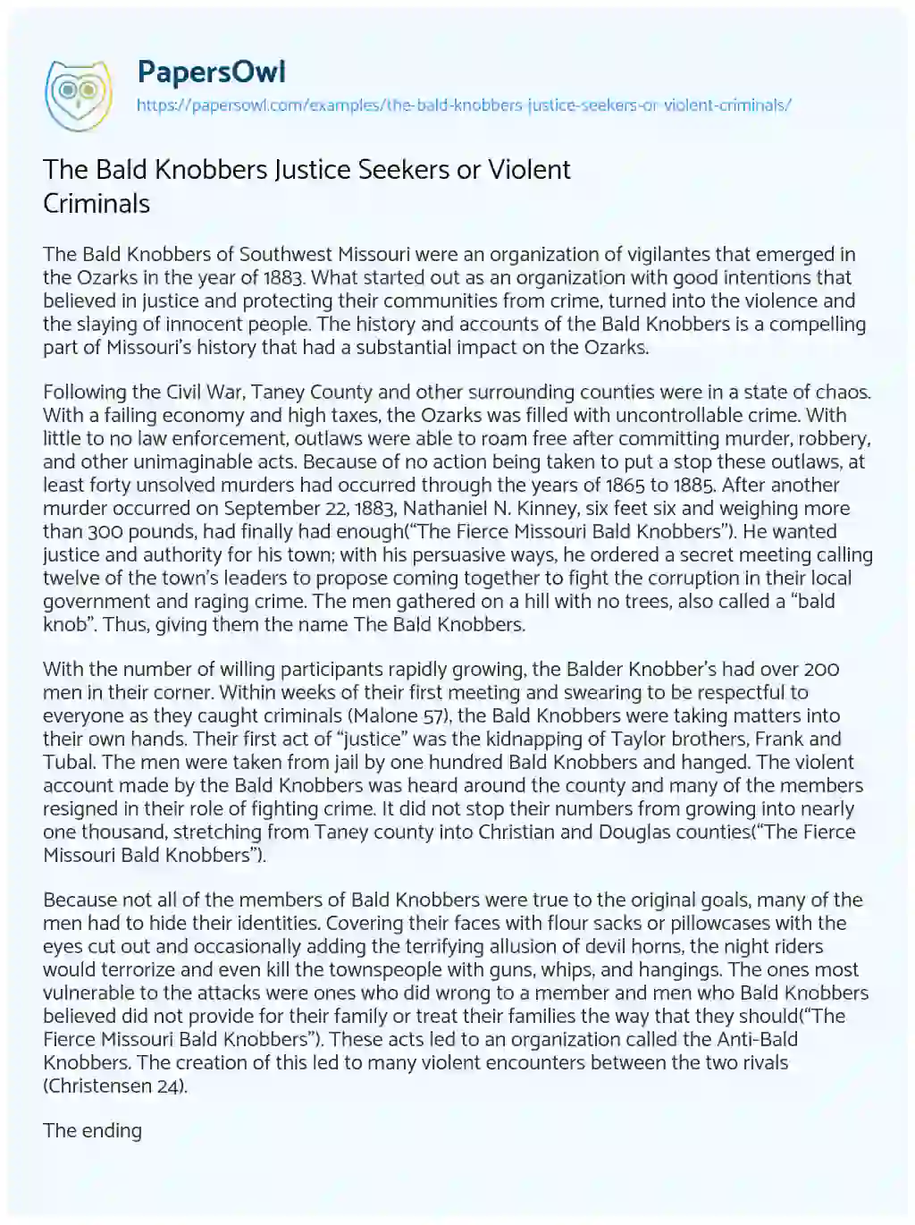 Essay on The Bald Knobbers Justice Seekers or Violent Criminals