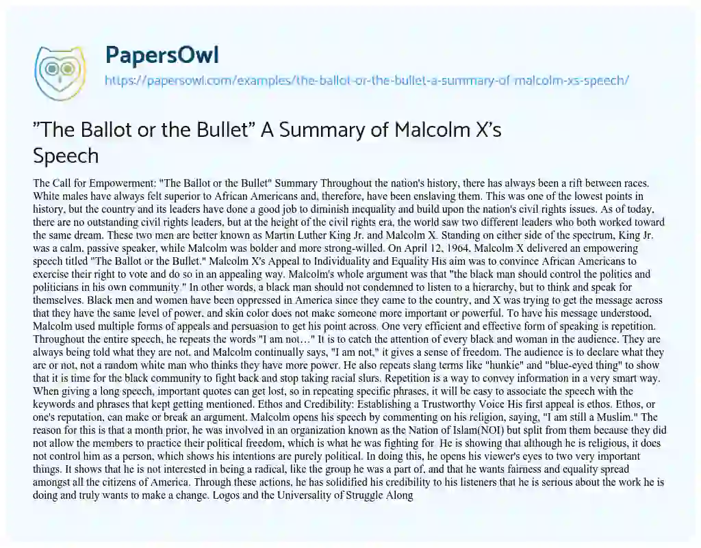 Essay on “The Ballot or the Bullet” a Summary of Malcolm X’s Speech
