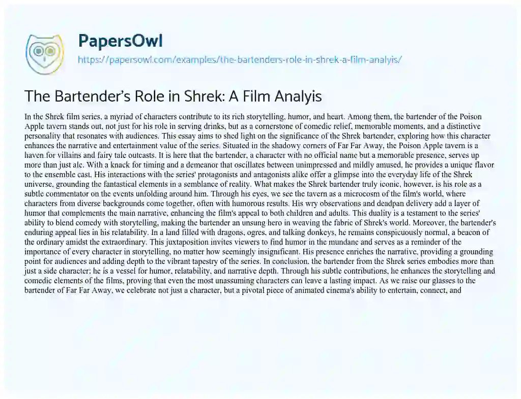 Essay on The Bartender’s Role in Shrek: a Film Analyis