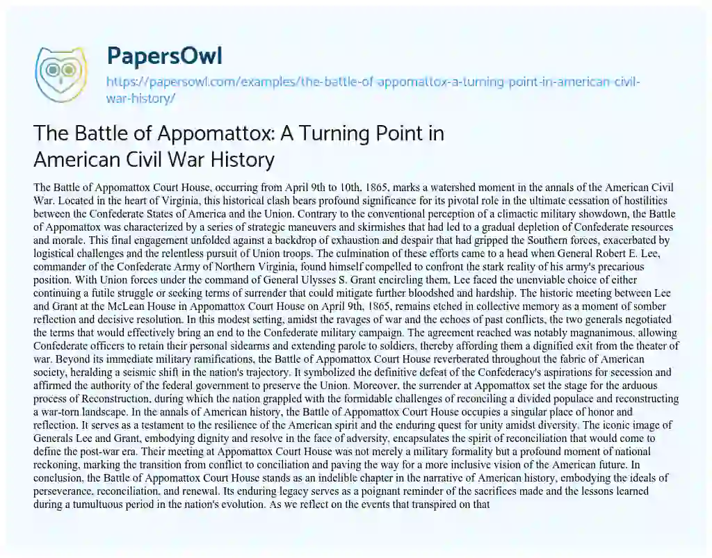 Essay on The Battle of Appomattox: a Turning Point in American Civil War History