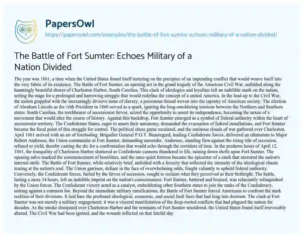 Essay on The Battle of Fort Sumter: Echoes Military of a Nation Divided