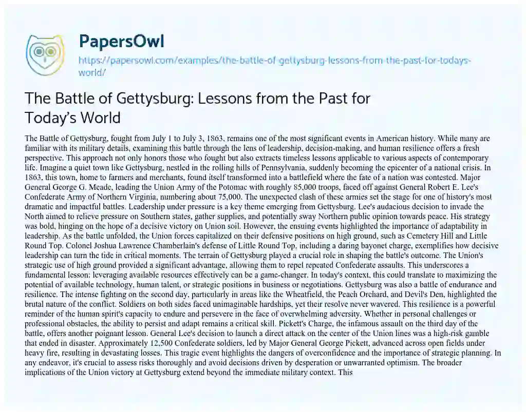 Essay on The Battle of Gettysburg: Lessons from the Past for Today’s World