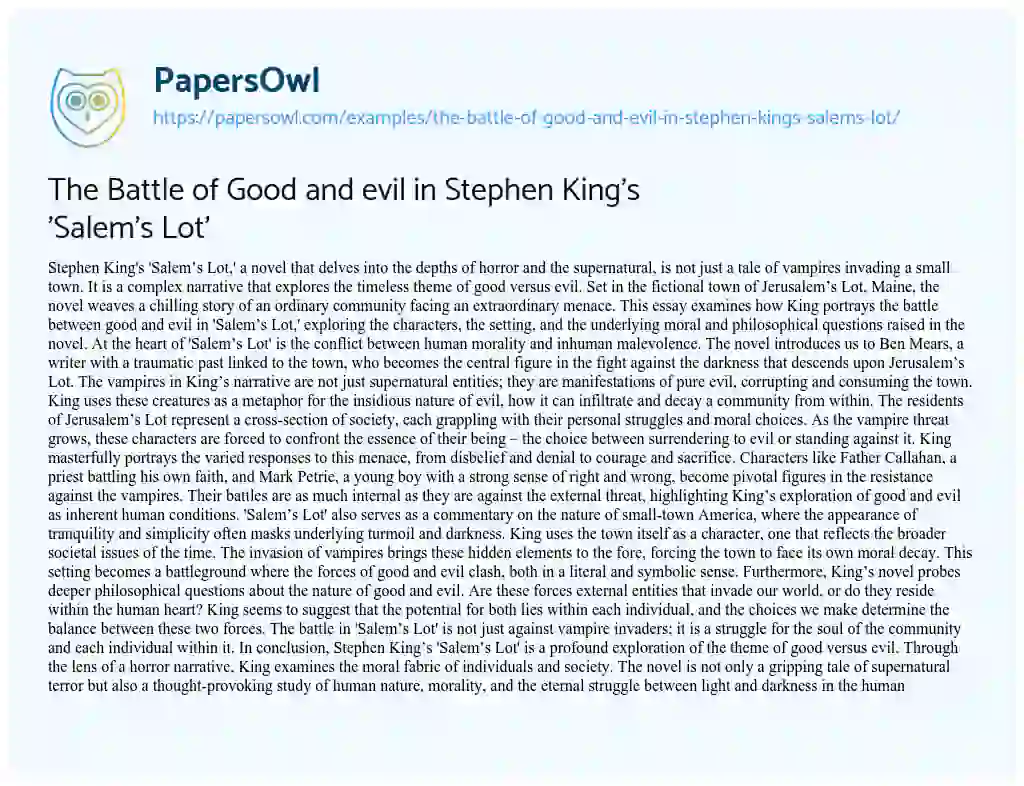 Essay on The Battle of Good and Evil in Stephen King’s ‘Salem’s Lot’