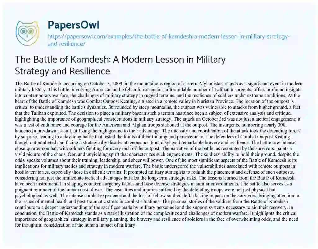 Essay on The Battle of Kamdesh: a Modern Lesson in Military Strategy and Resilience