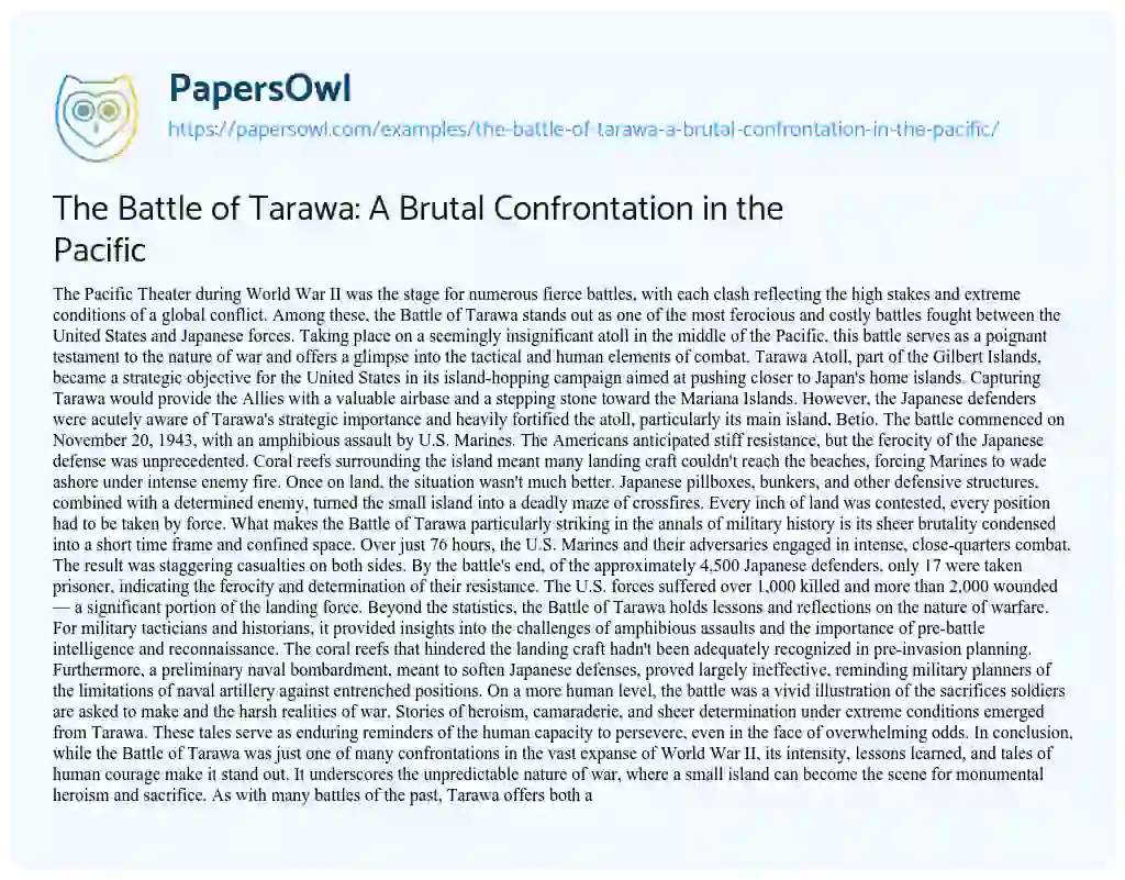 Essay on The Battle of Tarawa: a Brutal Confrontation in the Pacific