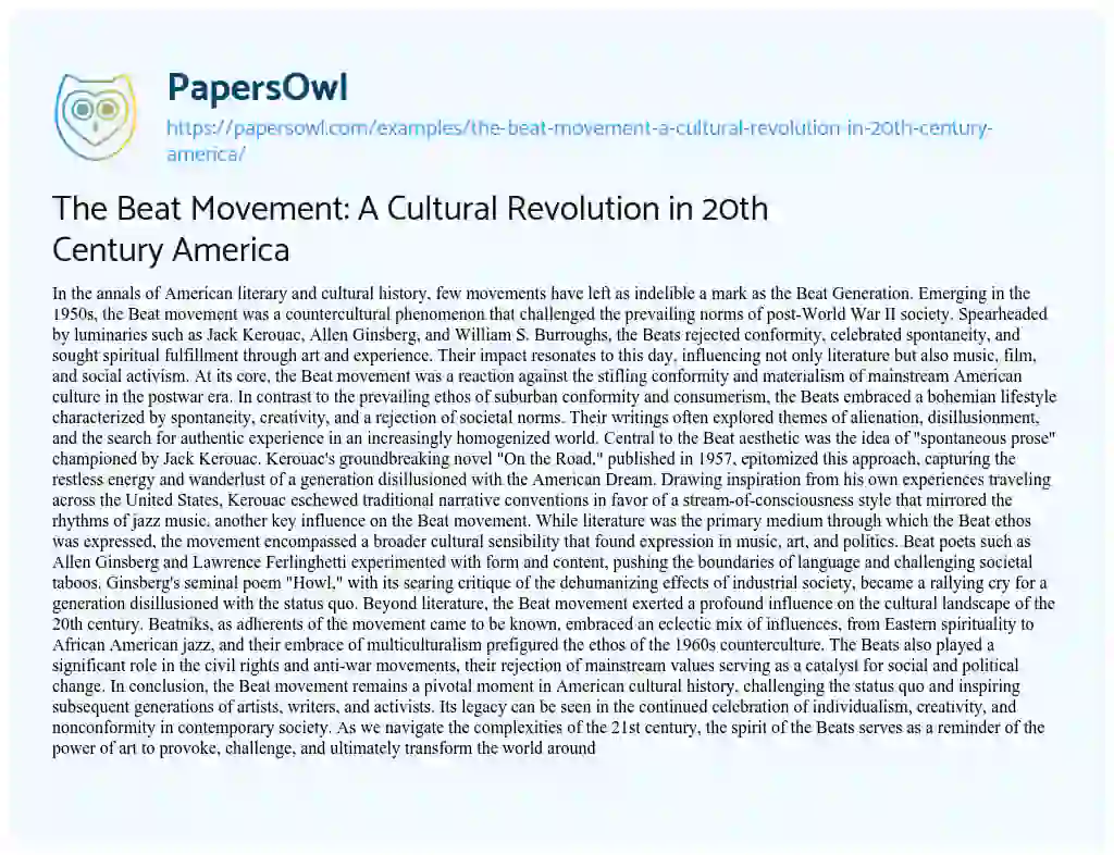 Essay on The Beat Movement: a Cultural Revolution in 20th Century America