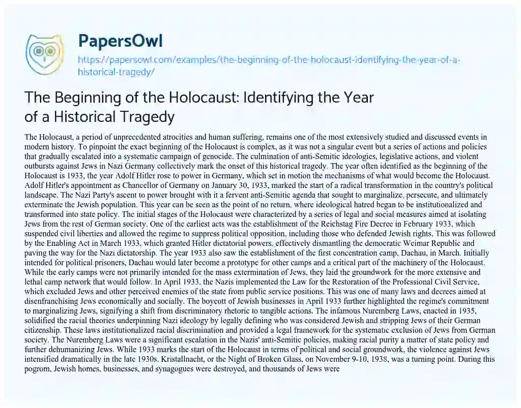 Essay on The Beginning of the Holocaust: Identifying the Year of a Historical Tragedy
