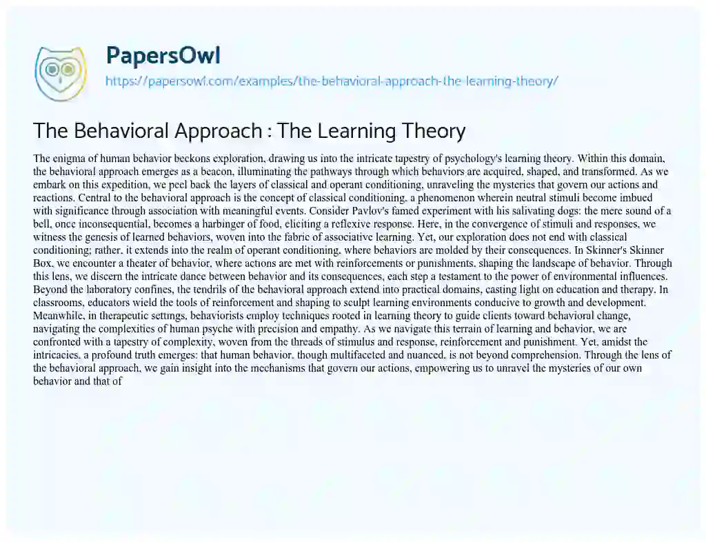 Essay on The Behavioral Approach : the Learning Theory