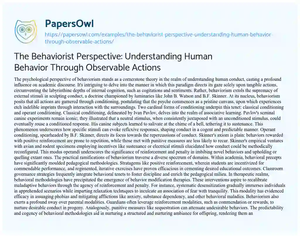 Essay on The Behaviorist Perspective: Understanding Human Behavior through Observable Actions