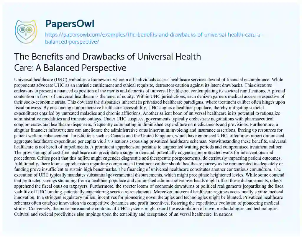 Essay on The Benefits and Drawbacks of Universal Health Care: a Balanced Perspective