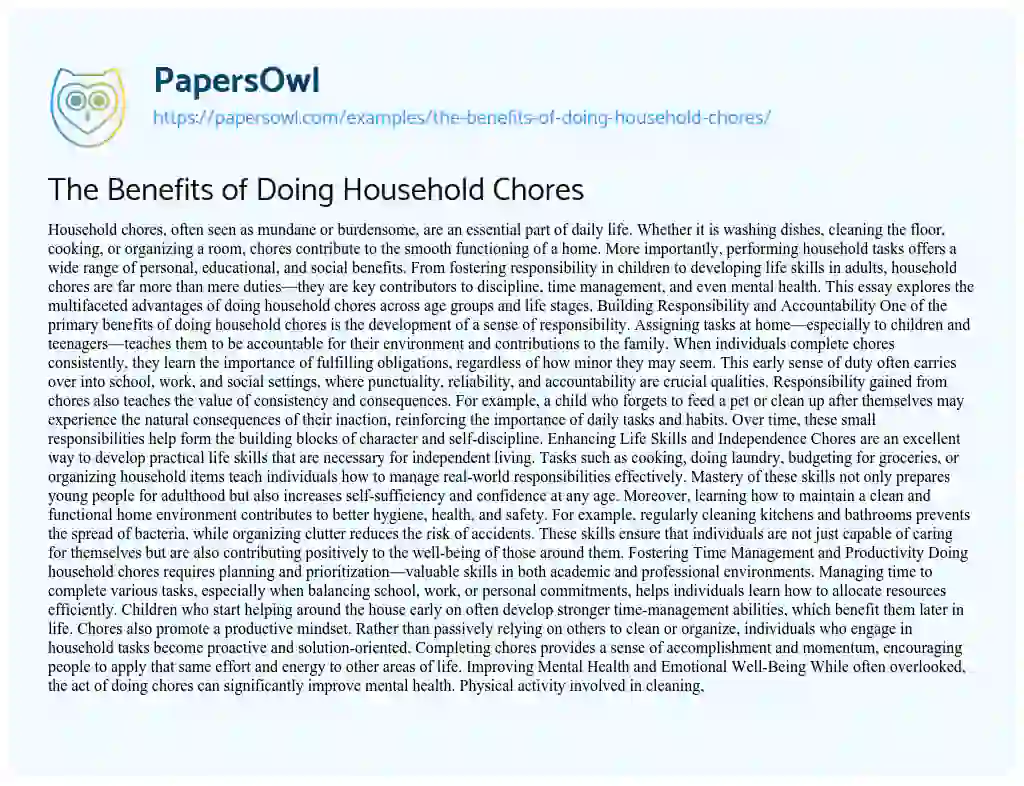 Essay on The Benefits of Doing Household Chores