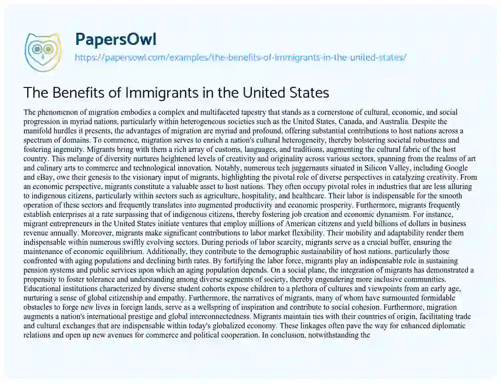 Essay on The Benefits of Immigrants in the United States