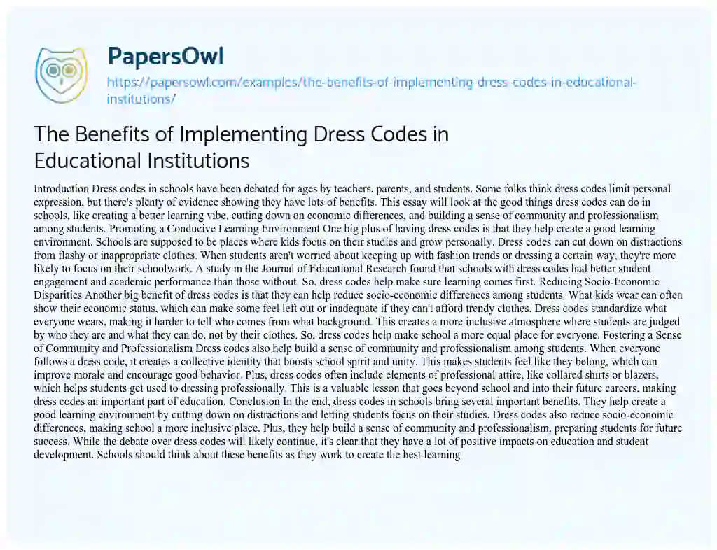 Essay on The Benefits of Implementing Dress Codes in Educational Institutions