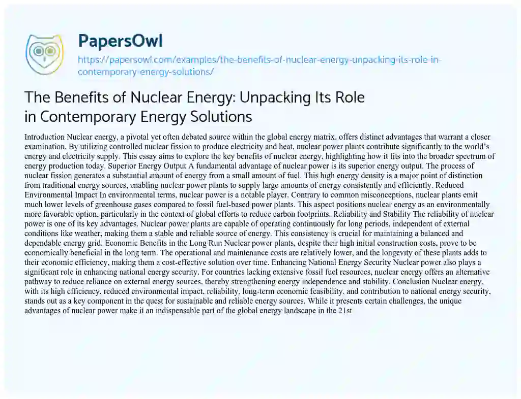 Essay on The Benefits of Nuclear Energy: Unpacking its Role in Contemporary Energy Solutions
