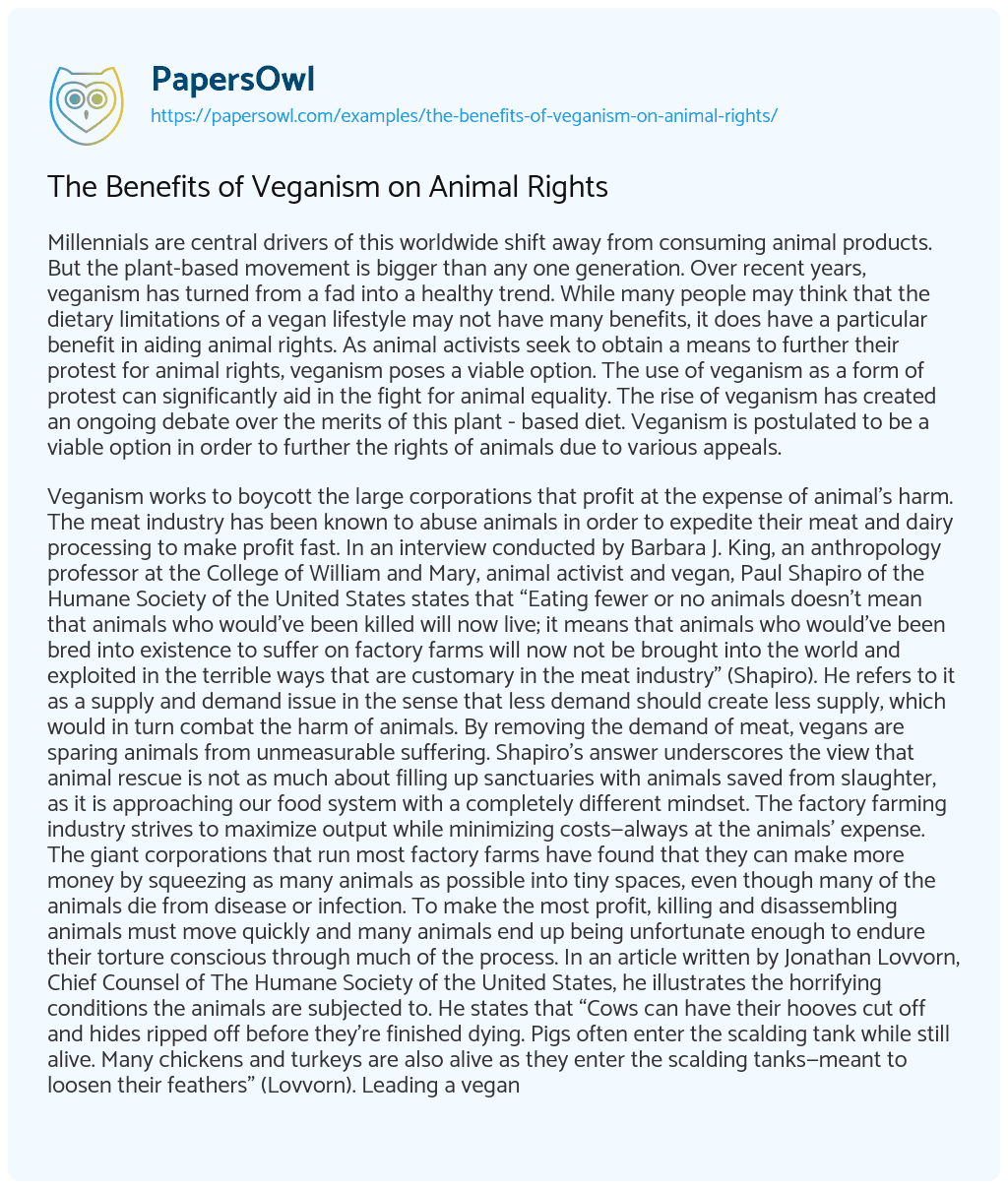 Essay on The Benefits of Veganism on Animal Rights