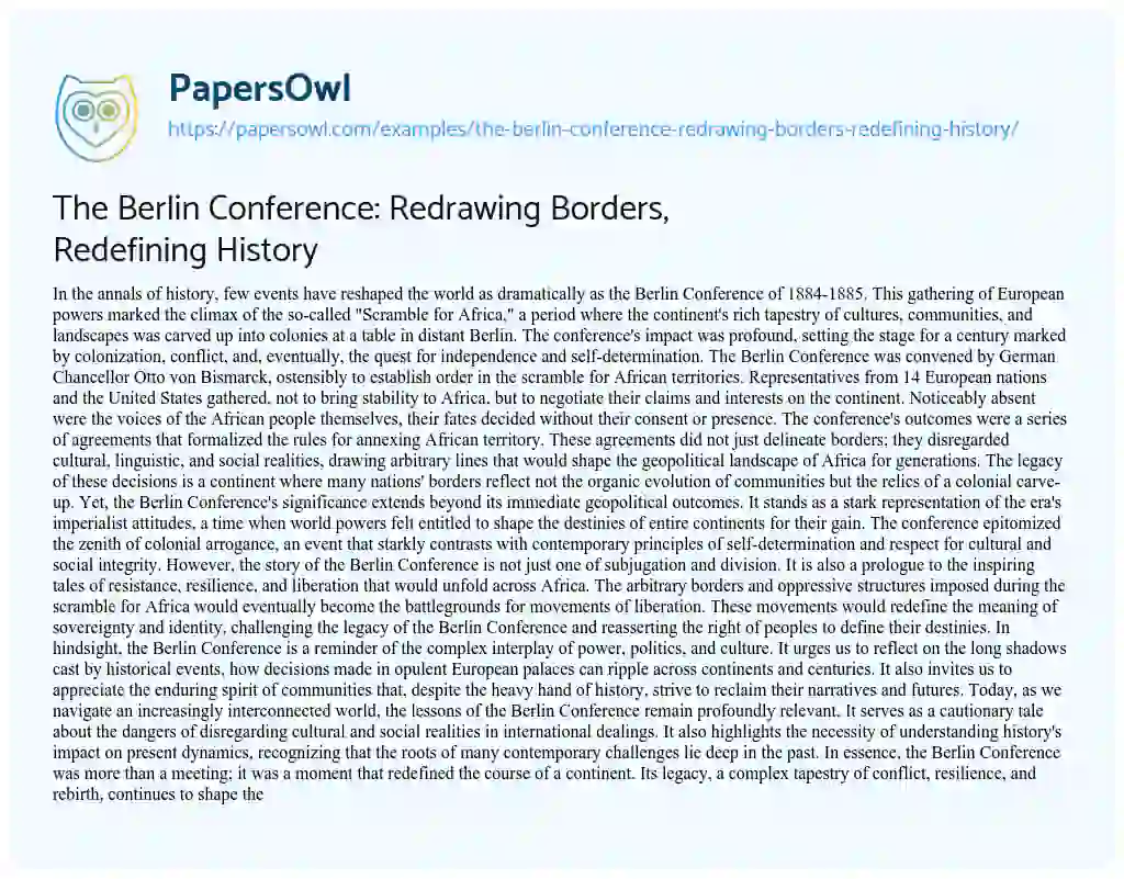 Essay on The Berlin Conference: Redrawing Borders, Redefining History