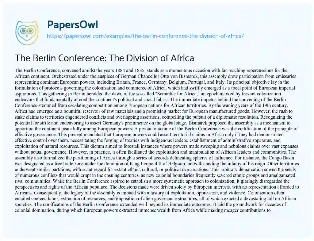 Essay on The Berlin Conference: the Division of Africa