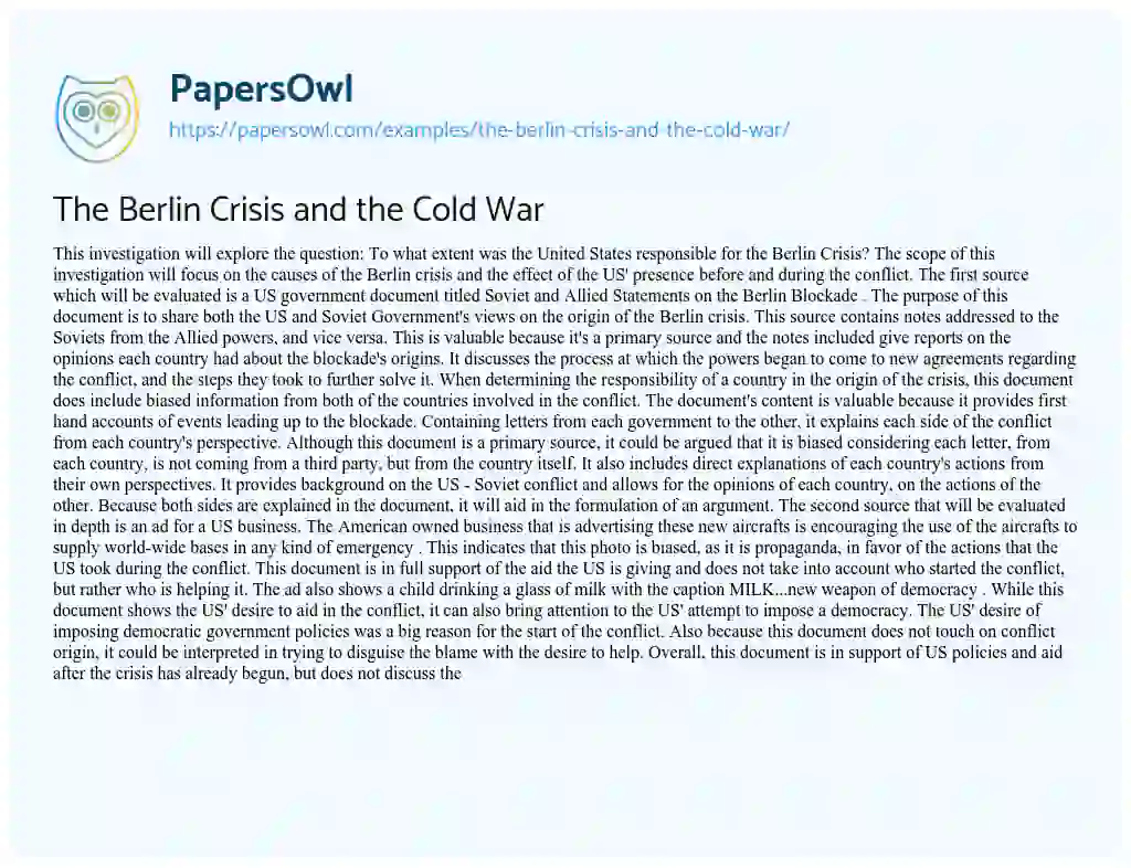 The Berlin Crisis and the Cold War essay