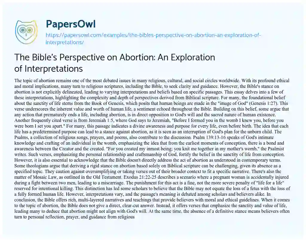 Essay on The Bible’s Perspective on Abortion: an Exploration of Interpretations